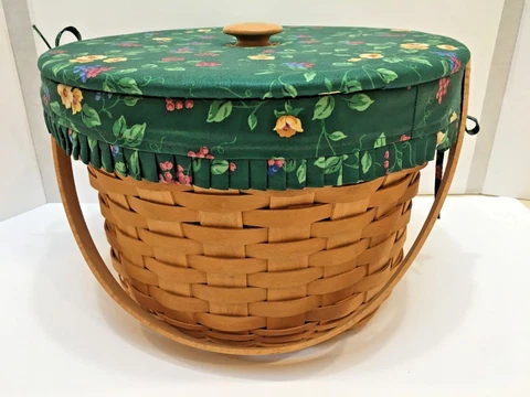 Longaberger Basket 1996 FRUIT BASKET Fabric Covered Lid & Liner 8.5" Tall Signed Cover