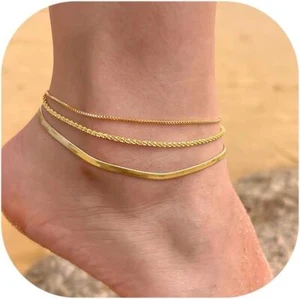 14K Gold Plated Anklets for Women Waterproof Layered Bracelet Set Jewelry Gift - Picture 1 of 6