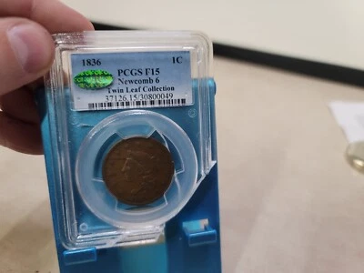 1836 1c Penny PCGS F15 Newcomb 6 Twin Leaf Collections CRACKED SLAB! READ - Image 1 of 4