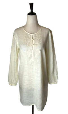 Camisa J Crew Mujer XS Marfil Mezcla Lino Bordada Costera Boho Túnica Cubrir Foto 1 de 4