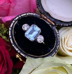 Aquamarine and Diamond Three Stone Ring Platinum 0.40ct + 1.30ct - Picture 1 of 7