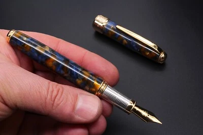 Pluma Estilográfica Arlequín Italiana Resina 925 Plata Sólida Bock Plumín Punto M Tinta Azul Foto 1 de 4