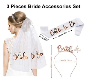 3 Pcs Set BRIDE TO BE Veil Tiara & Sash Hen Party Night Do Accessories Tattoos - Picture 1 of 18