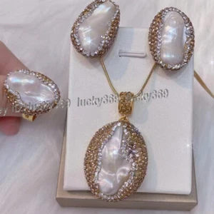 Enorme conjunto de collar con incrustaciones de perlas Keshi barrocas blancas del Mar del Sur + anillo + colgante - Imagen 1 de 3