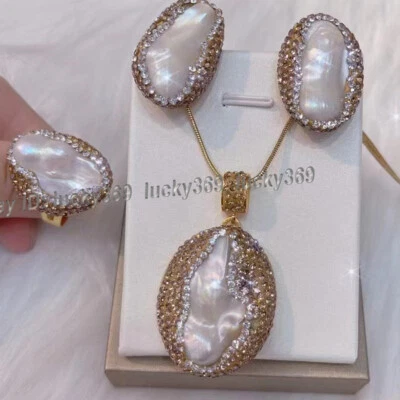 Huge South Sea White Baroque Keshi Pearl Inlay Earring+Ring+Pendant Necklace Set - Image 1 of 3