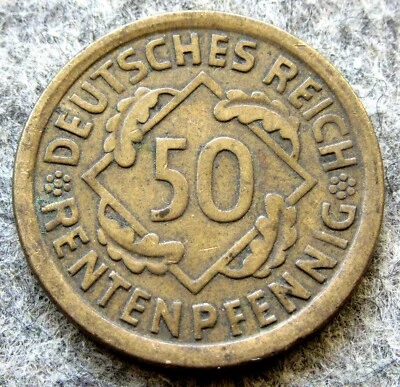 GERMANY WEIMAR REPUBLIC 1924 J 50 RENTENPFENNIG, Wheat Ears Drawing a Pyramid - Image 1 of 4