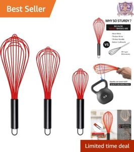 Silicone Whisk Set of 3 Heat Resistant Stainless Steel Egg Beater for Cooking - Picture 1 of 9