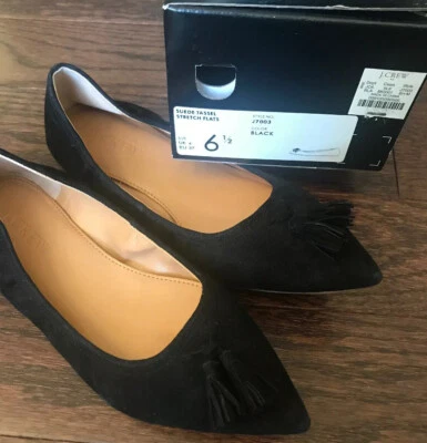 Zapatos planos de ballet J.CREW para mujer 6,5 borla elástica gamuza negra punta puntiaguda Foto 1 de 4