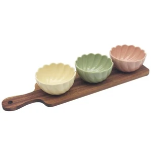 3pc Set of Flower Bowls with Long Wooden Tray  Serving Dish - Picture 1 of 1