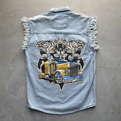Y2K Big Rig Truck Button Shirt Biker Sleeveless Cut Off Denim Snake Graphic - Image 1 of 4