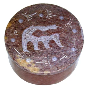 Bear Carved  Round 2 3/5 Inches  x 2 3/5 Inches x 1 1/5 Inch Soapstone Box SB26 - Picture 1 of 3