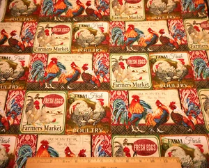 Quilt Fabric 1 3/4 Yard Vintage Rooster Chicken Egg Farm Label Premium Cotton #C - Picture 1 of 2