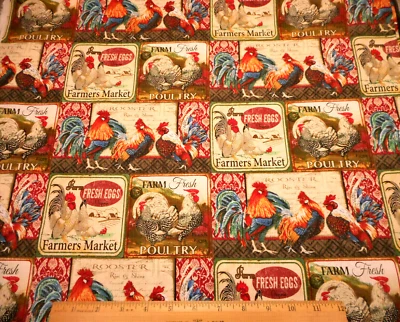 Quilt Fabric 1 3/4 Yard Vintage Rooster Chicken Egg Farm Label Premium Cotton #C - Image 1 of 2