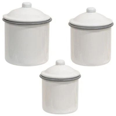 NEW Primitive GRAY WHITE ENAMELWARE CANISTERS Cottage 3pc New Farmhouse Cottage - Image 1 of 3