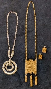 Vintage Napier Lrg Avantgarde Runway Halsketten Gold Panel, Silber Struktur Bambus - Bild 1 von 19