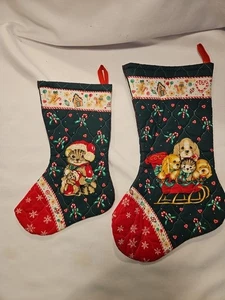 2 Vintage gesteppte handgefertigte Weihnachtsstrümpfe Welpen und Kätzchen doppelseitig  - Bild 1 von 7