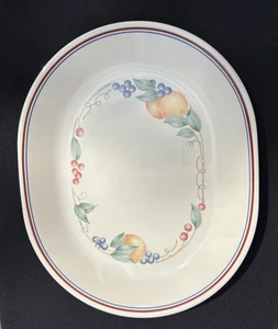 Corning Corelle Abundance 12 1/4" Oval Platter Maroon & Blue Bands Fruit VGUC - Picture 1 of 7