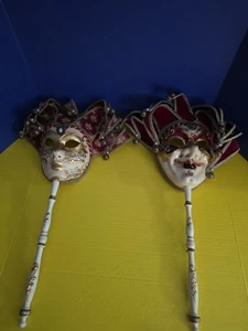 LOT of 2 ' Retro Maschera Del Galeone Hand Made Masquerade Face Mask w/Handle  - Picture 1 of 13