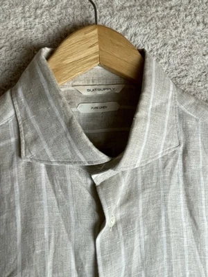 Camisa de vestir Suitsupply para hombre 16,5 calce ajustado lino puro manga larga rayas beige Foto 1 de 4