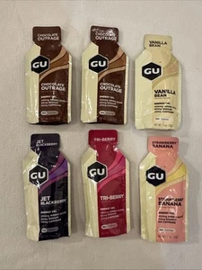 GU Energy Gel 6 Pack Chocolate Vanilla BlackBerry Tri-Berry Strawberry Banana - Picture 1 of 2