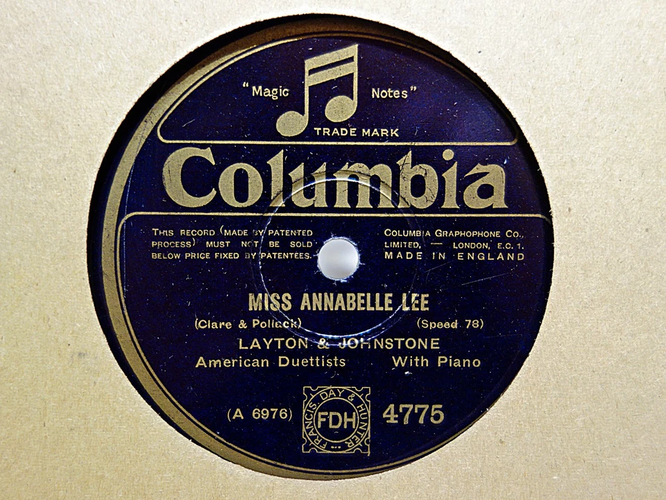 LAYTON & JOHNSTONE - Miss Annabelle Lee / So Tired 78 rpm disc (A+) Foto 1 de 1
