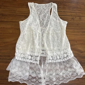 Blue Bird Womens M Open Embroidered Vest White Lace Layered Anthropologie - Picture 1 of 5