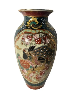 Vintage Japanese Satsuma Peacock Vase Hand Painted Moriage Gold Trim 8” - Image 1 of 4