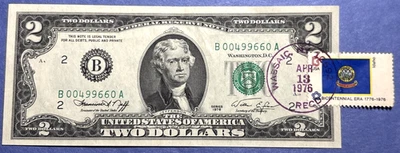 1976 $2 Dollar Bill First Day of Issue w/ Stamp Fancy Serial #-3 Pairs-Wasaic NY - Image 1 of 4