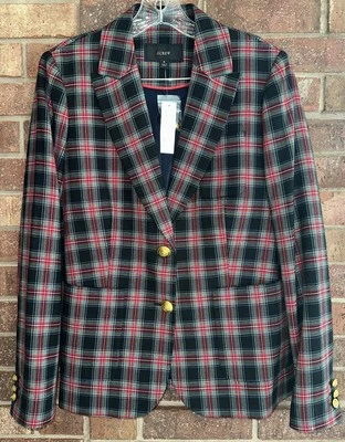 NUEVO CON ETIQUETAS J.Crew Blazer Encogido en Rojo Verde Negro Stewart Tartán Chaqueta de Lana a Cuadros 8 Foto 1 de 4