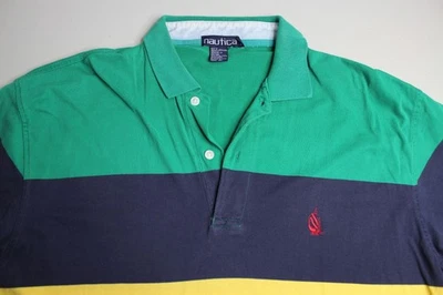 Camisa polo masculina M média vintage anos 90 náutica verde azul amarela listrada algodão - Imagem 1 de 4