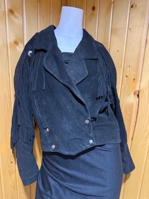 Chaqueta corta G-III para mujer vintage talla mediana cuero negro mangas abullonadas en relieve Foto 1 de 4