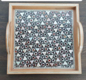 Hand made Wooden Beverage tray inlaid with mother-of-pearl 14.4'' x 14.4'' - Picture 1 of 5