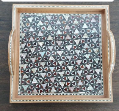 Hand made Wooden Beverage tray inlaid with mother-of-pearl  14.4'' x  14.4'' - Image 1 of 4
