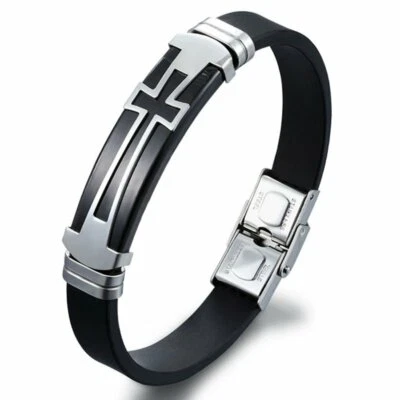 Pulsera pulsera cruz cristiana de silicona de acero inoxidable de 8 pulgadas MENDEL para hombre Foto 1 de 4