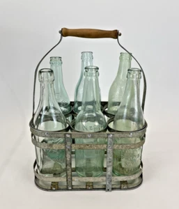 Vintage Milk Bottle Metal Carrier 6 slot with Bottles Wooden Handle - Picture 1 of 22