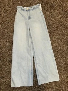Oat New York High Waist Wide Leg Raw Hem Light Wash Jeans 2 (25x29.5) NWT - Picture 1 of 5
