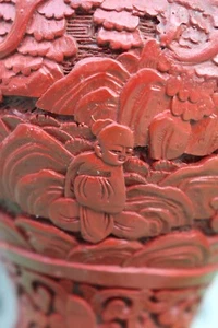 Vaso cinese intagliato a mano CINABAR. Cina. antico. bellissime scene rare vintage - Foto 1 di 22