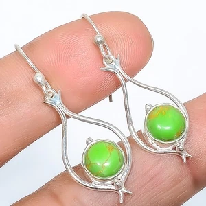 Copper Green Turquoise Silver Plated Bali Earring 1.64" S195, Christmas Gift - Picture 1 of 3