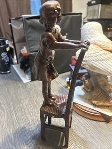 Vintage Bronze Sculpture of Girl Standing on Chair Original Patina 12" tall - Picture 1 of 4