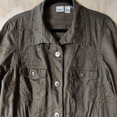 Together Womens Jacket Olive Green Embroidered Flowers Waist Drawstring Size 16W - Image 1 of 4