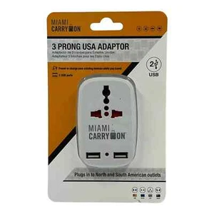 Miami Carry On 3 Prong USA Adaptor w/ 2 USB Ports for North & South America, NEW - Picture 1 of 5