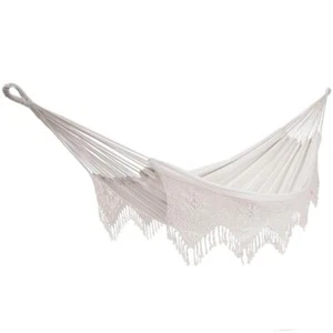 Vivere 14-ft Hammock Double Bed Crocheted Fringe Brazilian Woven Cotton Natural - Picture 1 of 2