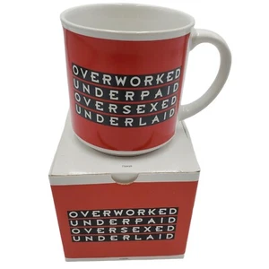 Vintage Overworked Underpaid Adult Humor Red Coffee Cup Funny Mug w Gift Box NOS - Picture 1 of 8