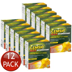 12 x Lemsip Max Decongestant Cold Flu Fever Relief Lemon Powder Hot Drink 10 Pk - Picture 1 of 12