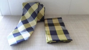 Hisdern Classic Necktie & Pocket Square Handkerchief Set Blue/Yellow Plaid Used - Picture 1 of 9