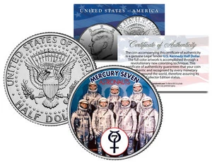 MERCURY SEVEN ASTRONAUTEN farbig JFK halber US-Dollar Münze NASA Original 7 - Bild 1 von 1