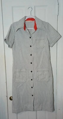 Vintage 50s Dress Striped Country Miss Day Dress Collar 14 Truer To Medium A8 - Image 1 of 4
