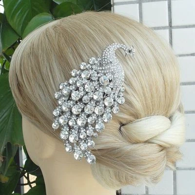 Wedding Bridal 4.33" Clear Rhinestone Crystal Peacock Hair Comb 05651C1 - Image 1 of 4