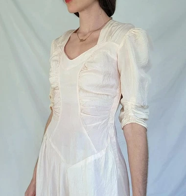 1930s Vintage Bias Cut Art Deco Floor Length Gown: Ruched Pink Taffeta Dress - Image 1 of 4