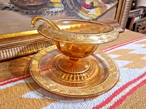 Seltene alte 3 Stück Braunglas Gewürz Kompott Schale mit Schöpfkelle Goldrand Cambridge Glas - Bild 1 von 10